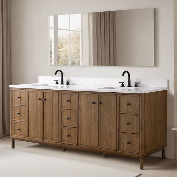 Lugano 84 in. Double Sink Freestanding Tan Bathroom Vanity with Milano Mist Engineered Stone Top