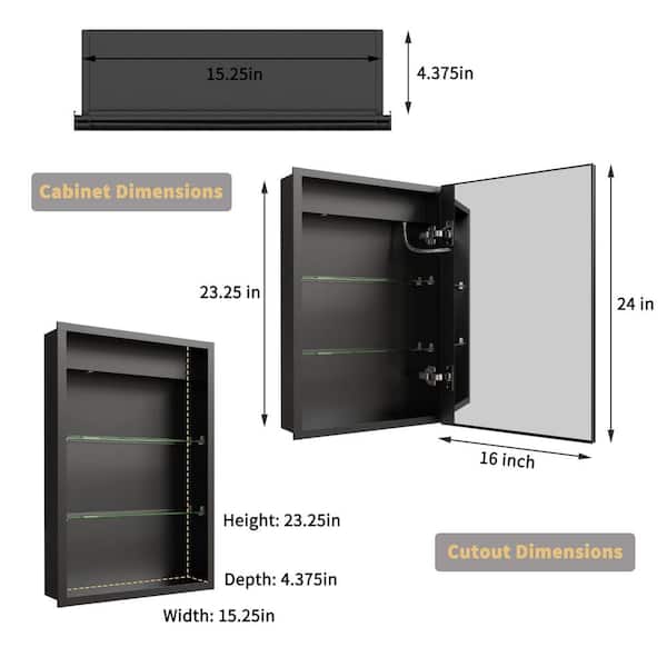 Velux 16 in. W x 24 in. H Rectangular Black Aluminum Recessed/Surface Mount Right Dimmable Medicine Cabinet w/Mirror LED