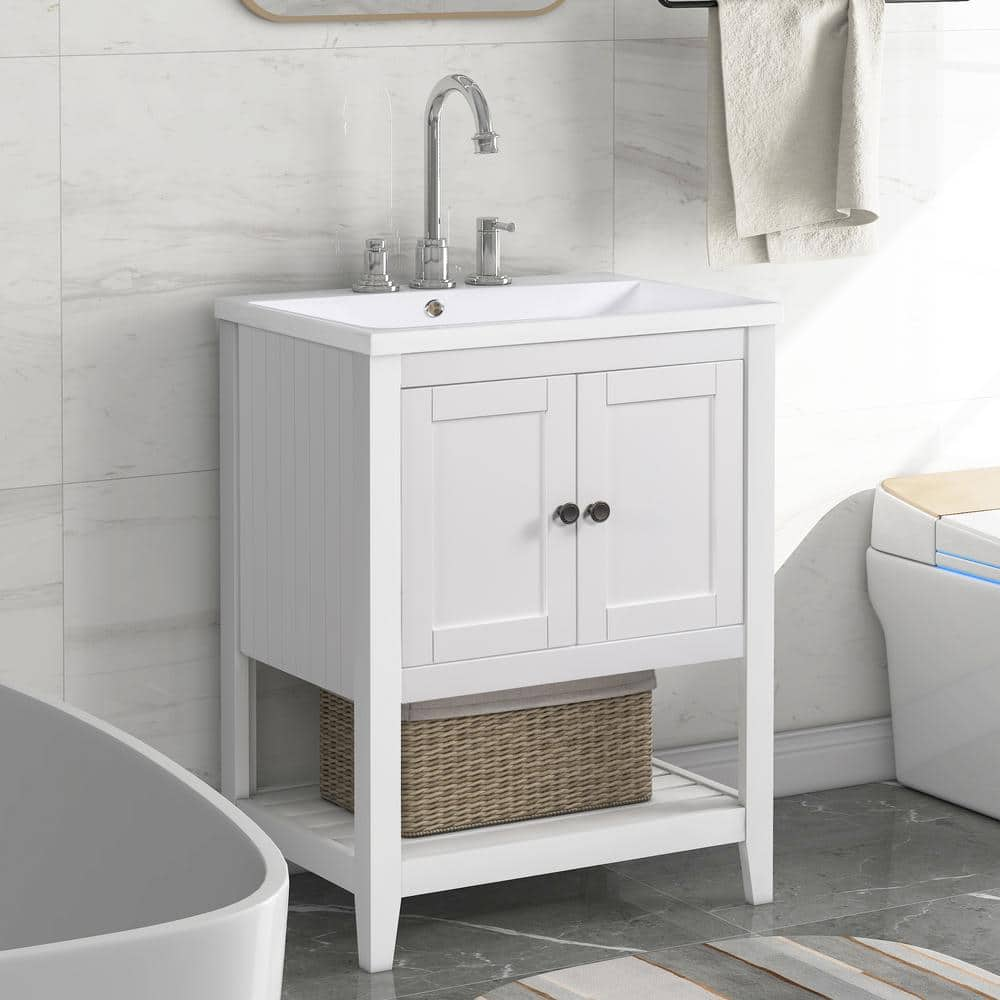 Aoibox 24inch White Bathroom Vanity Sink Combo for Small Space Modern Design with Ceramic Basin Gold Legs and Semi-Open Storage