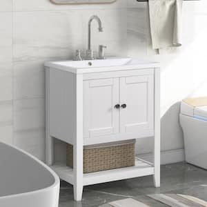 24 in. Modern Freestanding Small Bathroom Vanity Storage Wood Cabinet in Gray with White Caremic Top and Open Shelf