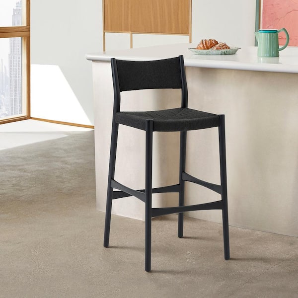 Armen Living Erie 26 in. Black Open Back Wood Counter Stool With Woven Paper Cord Seat