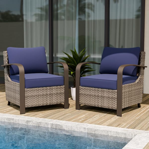 EAGLE PEAK Patio Wicker Outdoor Lounge Chair with Blue Cushions (2-Piece)