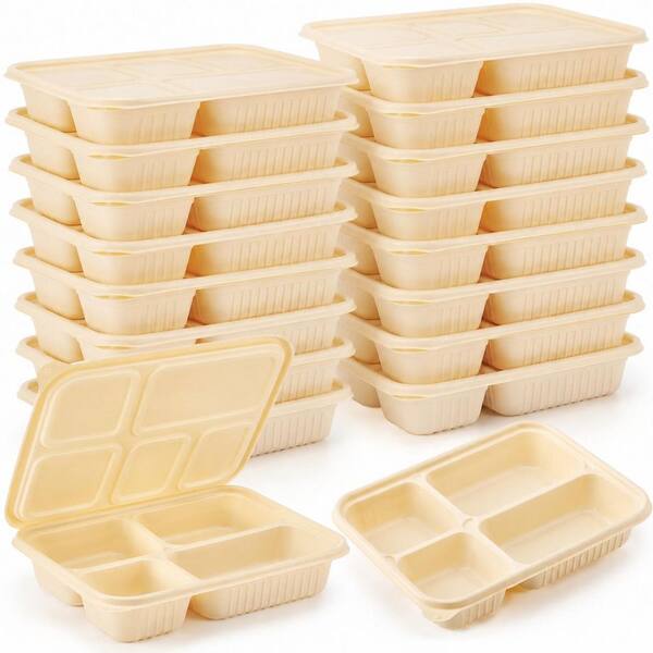 30 Pack Compostable White Disposable Cornstarch 5-Compartment Plates with Lids Divided Tableware Case
