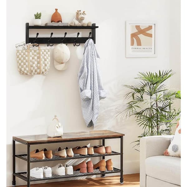 Black Wood Wall Mounted Coat Rack with Hooks