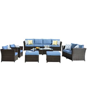 Rimaru 12-Piece Wicker Outdoor Patio Conversation Seating Set with Denim Blue Cushions