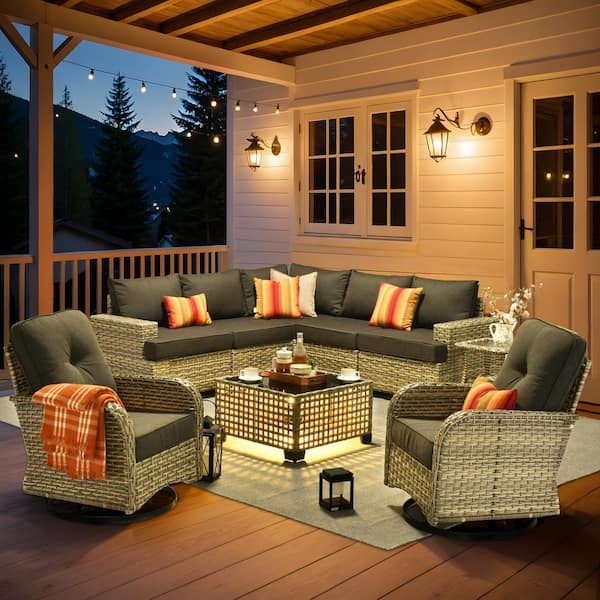 XIZZI Aimee 9-Piece Wicker Patio Conversation Seating Sofa Set with Black Cushions and Swivel Rocking Chairs