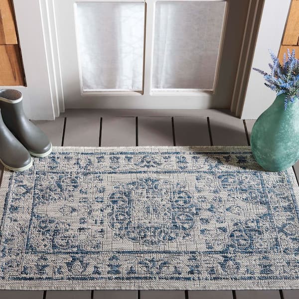 Courtyard Gray/Navy 3 ft. x 5 ft. Distressed Border Ornate Indoor/Outdoor Area Rug