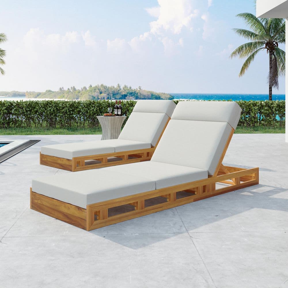 Gail Solid Wood Patio Outdoor Chaise Lounge with Quad-Folding Cream Cushion Adjustable Backrest, Teak Finish, (Set of 2)