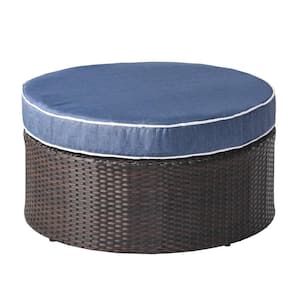 Navagio Brown Wicker Outdoor Patio Ottoman with Navy Blue Cushion