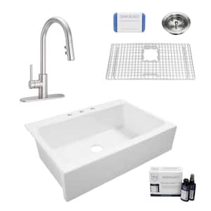 Josephine 34 in 3-Hole Quick-Fit Farmhouse Apron Front Drop-in Single Bowl White Fireclay Kitchen Sink with Faucet Kit
