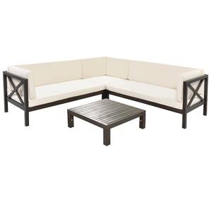 4-Piece Acacia Hardwood Patio Conversation Sofa Set Outdoor Sectional Seating Group with Sofa and Table, Beige Cushion