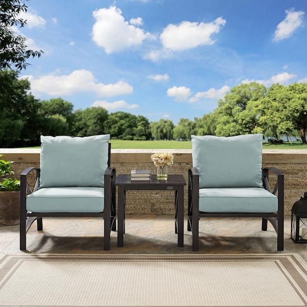 Kaplan 3-Piece Metal Outdoor Seating Set with Mist Cushions - 2 Chairs, Side Table