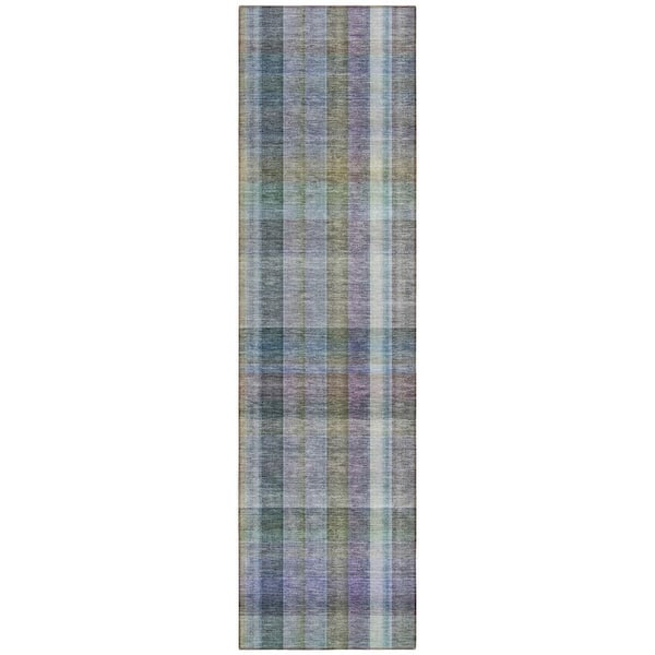 Blue, Gray, Green 2 ft. x 8 ft. Woven Plaid Polyester Runner Indoor / Outdoor Area Rug