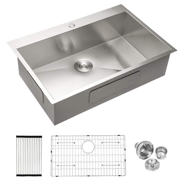 33 in. Drop-In/Undermount Single Bowl 16-Gauge Brushed Nickel Stainless Steel Kitchen Sink with Grid and Drain