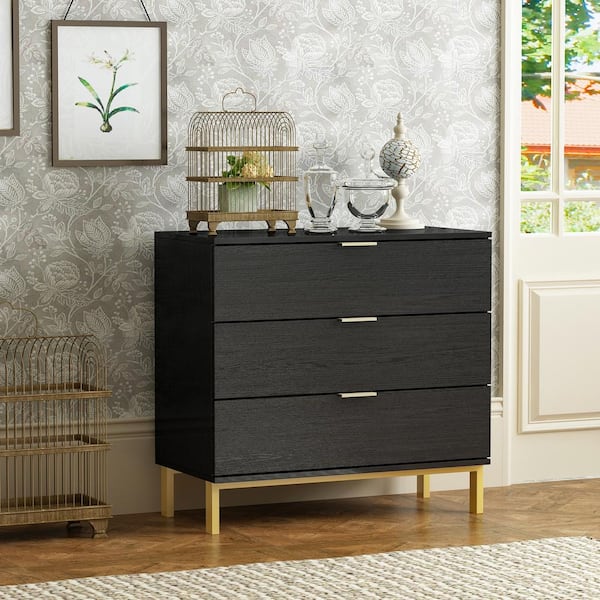 FUFU&GAGA 3-Drawers Black Wood Chest of Drawers Dresser Vanity Table Storage Cabinet Nightstand 29.7 in. H x 31.5 W x 15.7 D
