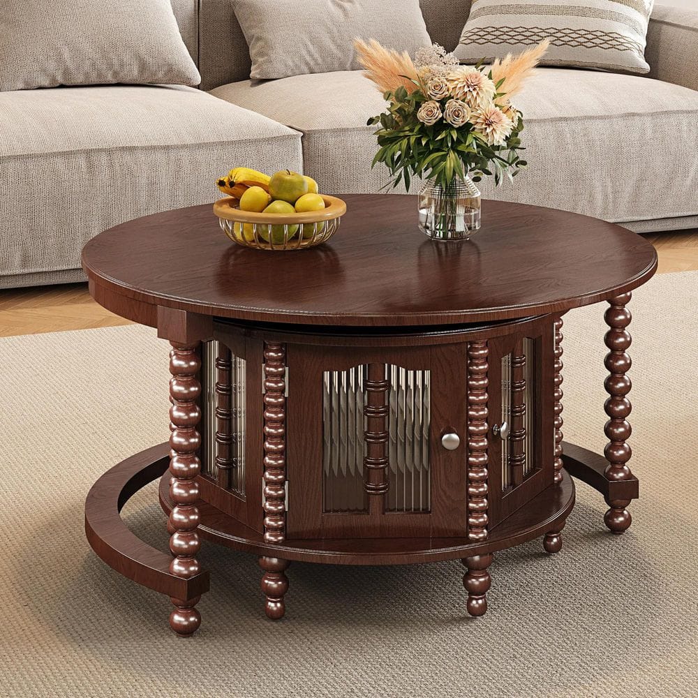 31.3 in. Walnut Round MDF Wood Coffee Table with Six Bamboo-shaped Glass Doors and Beaded Legs