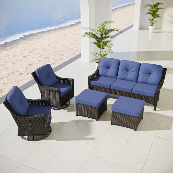 Brown 6-Piece Wicker Patio Conversation Set with Swivel Rocking Chairs, Outdoor Sofa Seating Set with Blue Cushions