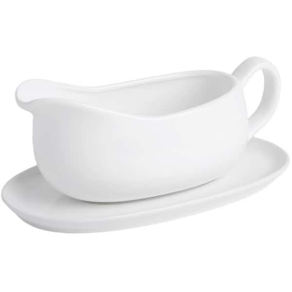 17 oz Ceramic Gravy Boat with Saucer Tray Spill-Resistant Lead-Free Microwave Dishwasher Safe White Unit