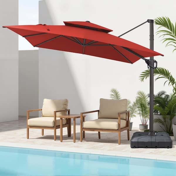 11 ft. x 9 ft. Aluminum Dual-Top 360° Rotation Offset Outdoor Cantilever Patio Umbrella in Red with Fillable Base