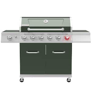 6-Burner BBQ Liquid Propane Gas Grill in Olive Green with Sear Burner and Side Burner, 74,000 BTU, Cabinet Style Grill