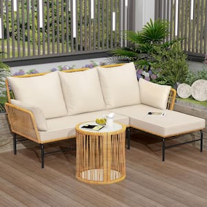 Natural Yellow 3-Piece Wicker Outdoor Sectional sofa Set with Creme Cushions