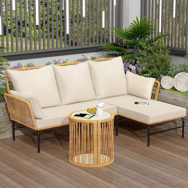 Nestfair Natural Yellow 3-Piece Wicker Outdoor Sectional sofa Set with Creme Cushions