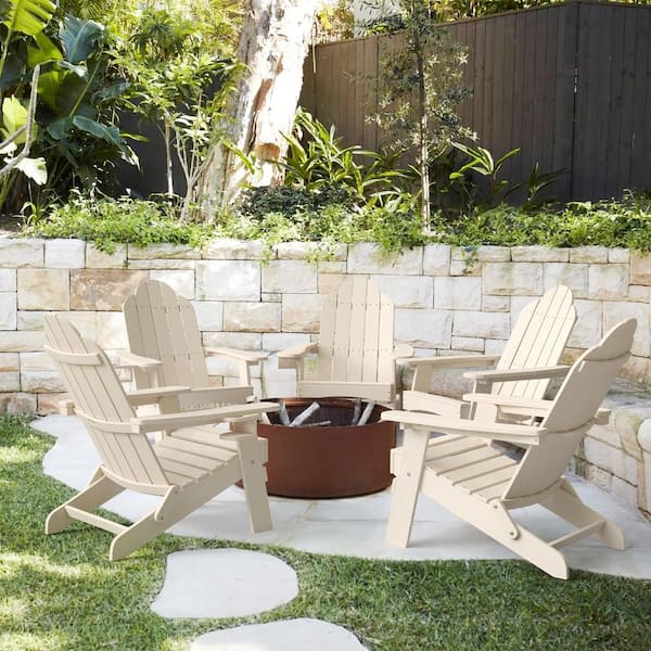 LUE BONA Recycled Sand HDPS Folding Plastic Adirondack Chair Weather Resistant Patio Plastic Fire Pit Chairs (Set of 5)