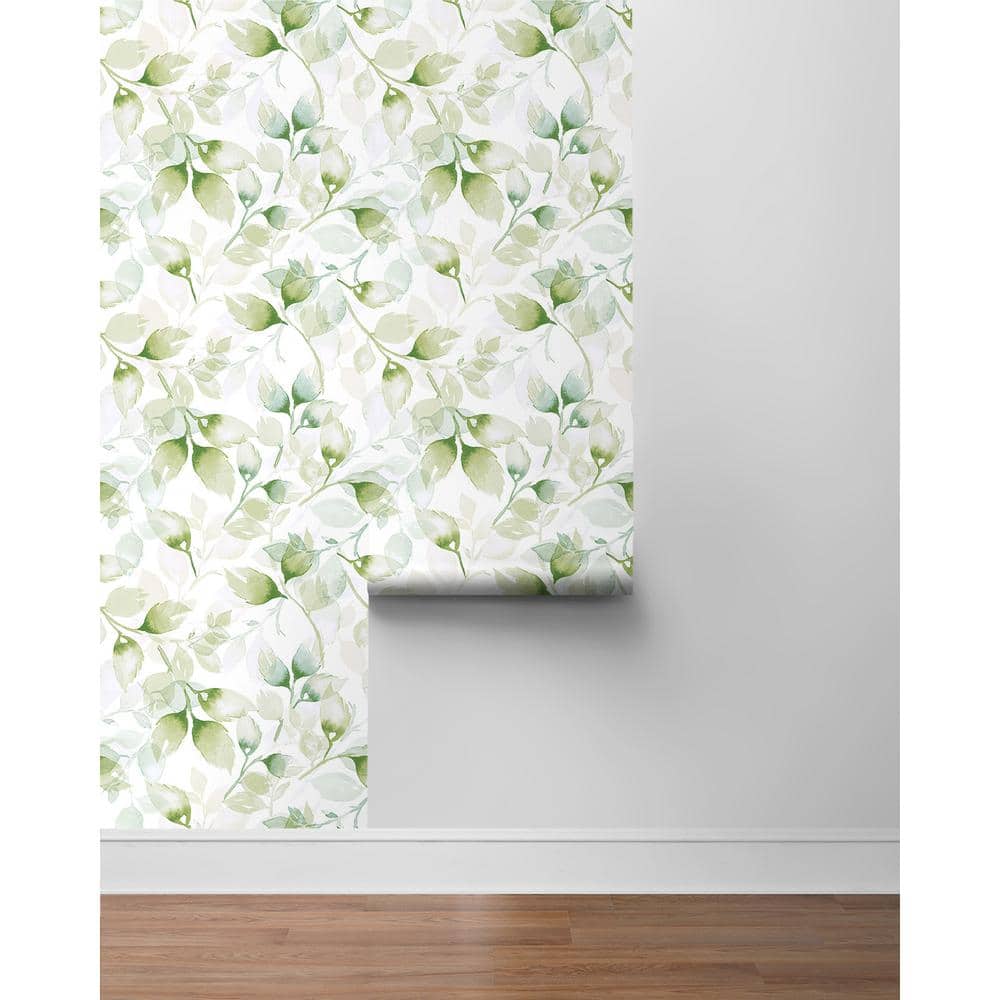 Green Ivy Watercolor Tossed Leaves Peel and Stick Vinyl Wallpaper