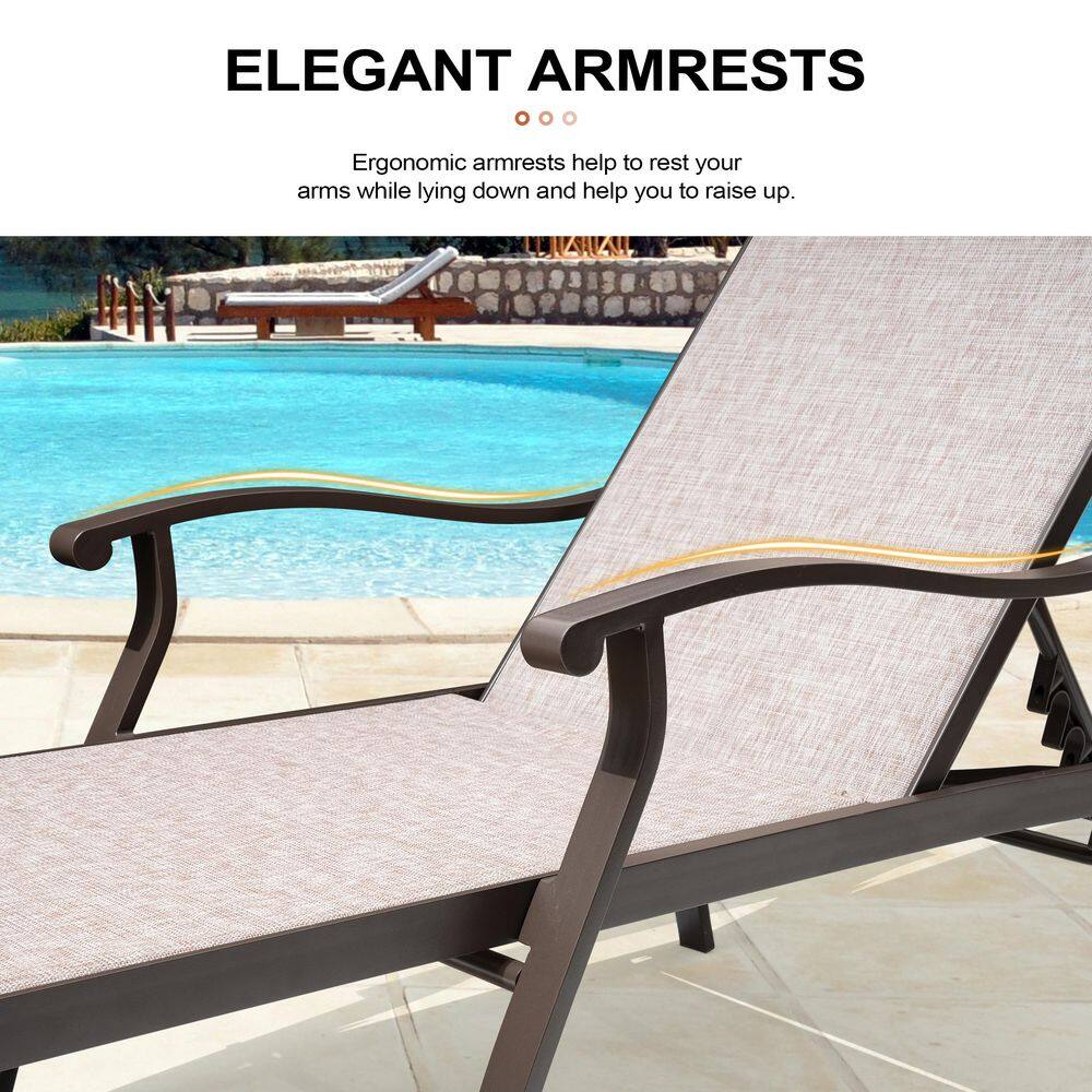 Close-up of the ergonomic armrests on the brown metal chaise lounge