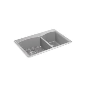 Kennon Matte Grey Solid Surface 33 in. Double Bowl Undermount Kitchen Sink