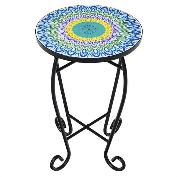 Costway Mosaic Side Table 14 in. Blue 21 in. Round Ceramic Tile End Table