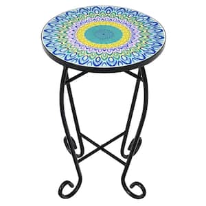 Mosaic Side Table 14 in. Blue 21 in. Round Ceramic Tile End Table