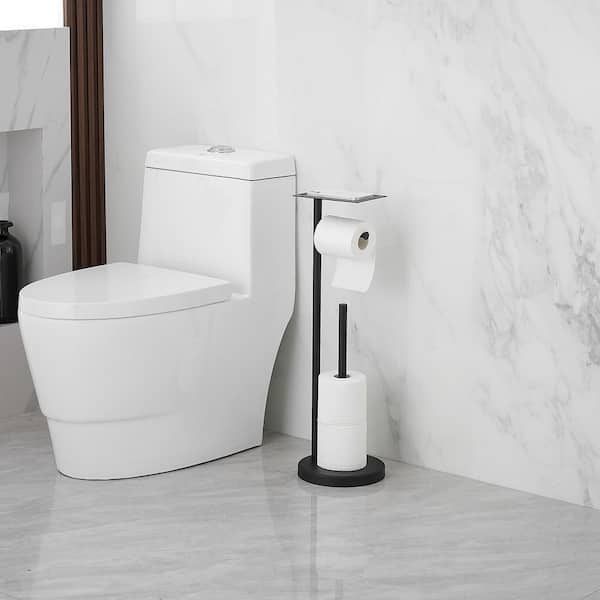 Freestanding Stainless Steel Toilet Paper Holder with Top Storage Shelf in Matte Black