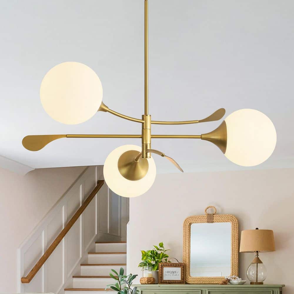 HUOKU Ceder 3-Light 35 in.W Brushed Gold Sputnik Chandelier with