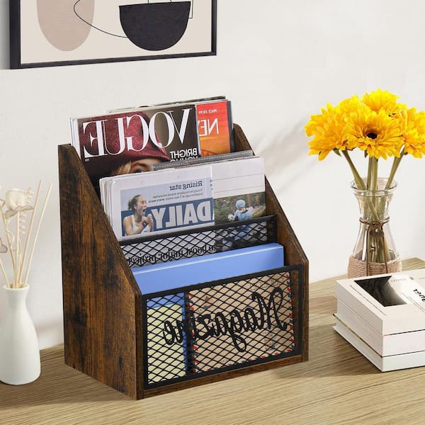 Rustic Brown 11.5 in. x 12.5 in. Wood Freestanding Magazine Rack