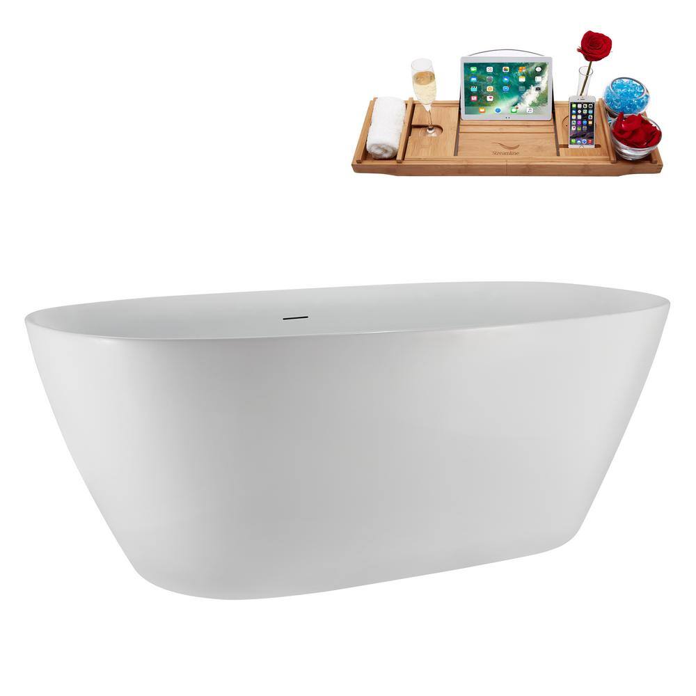 59" Glossy White Acrylic Freestanding Soaking Tub with Tray