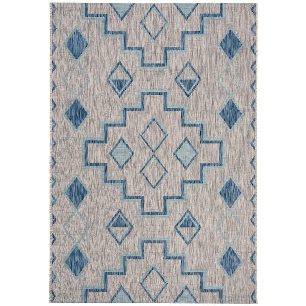 Courtyard Gray/Aqua 2 ft. x 4 ft. Aztec Tribal Indoor/Outdoor Area Rug