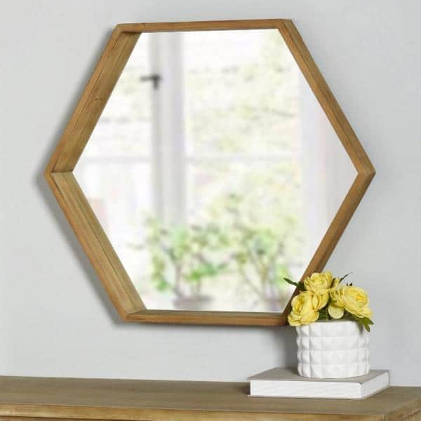 Medium Hexagonal Natural Wood Modern Mirror with Deep-Set Frame (25 in. H x 29 in. W)