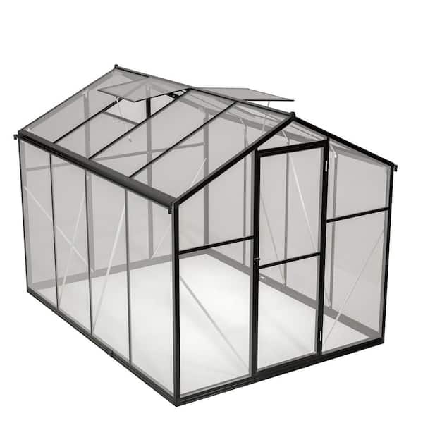 6 ft. W x 8 ft. D UV Resistant Polycarbonate Outdoor Walk-in Greenhouse, Adjustable Roof Vent and Aluminum Frame, Black