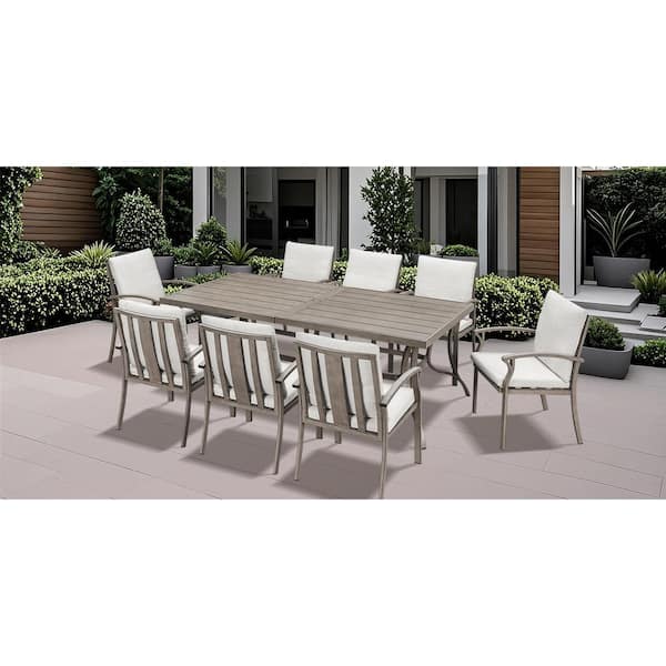 Limed Oak 9-Piece Aluminum Outdoor Dining Set with Rectangular Dining Table and Beige Cushions