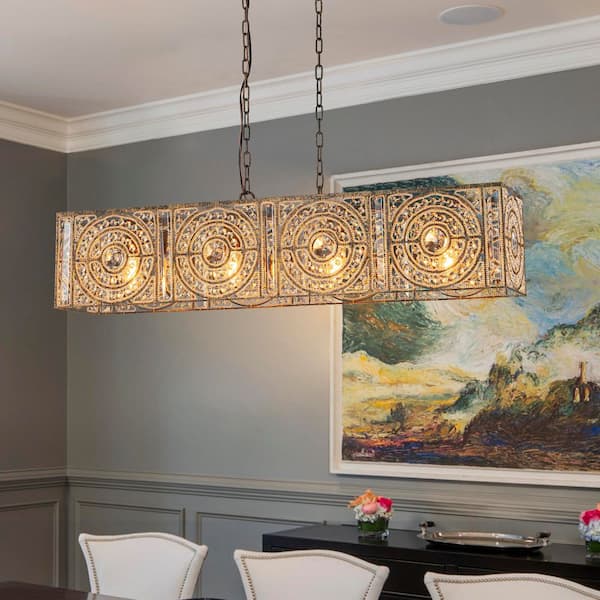 42.13 in. 4-Light Vintage Antique Bronze Luxury Rectangle Crystal Chandelier