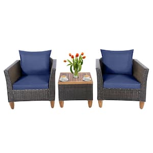 3-Piece Navy Rectangular Wood 16 in. Outdoor Bistro Table Set with Navy Cushion