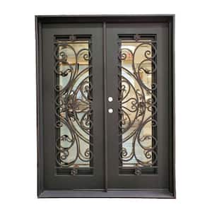 62 in. x 81 in. 2-Panel Right-Hand/Inswing Operable Straight Frosted Glass Dark Bronze Iron Prehung Front Door