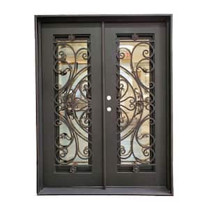 74 in. x 96 in. 2-Panel Right-Hand/Inswing Operable Straight Frosted Glass Dark Bronze Finish Iron Prehung Front Door