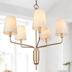 Modern Farmhouse Island Shaded Chandelier Light, 5-Light Gold Candlestick Bedroom Chandelier with Cone Fabric Shades