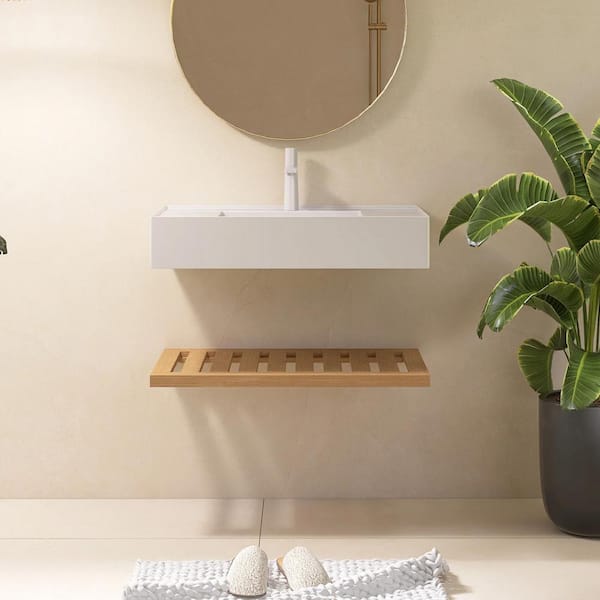 JimsMaison 30 in. L x 18 in. W x 5.51 in. D White Acrylic Wall-Mounted Bathroom Vessel Sink and Shelf
