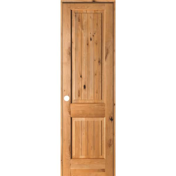 Krosswood Doors 24 in. x 96 in. Knotty Alder 2 Panel Right-Hand Square Top V-Groove Clear Stain Solid Wood Single Prehung Interior Door