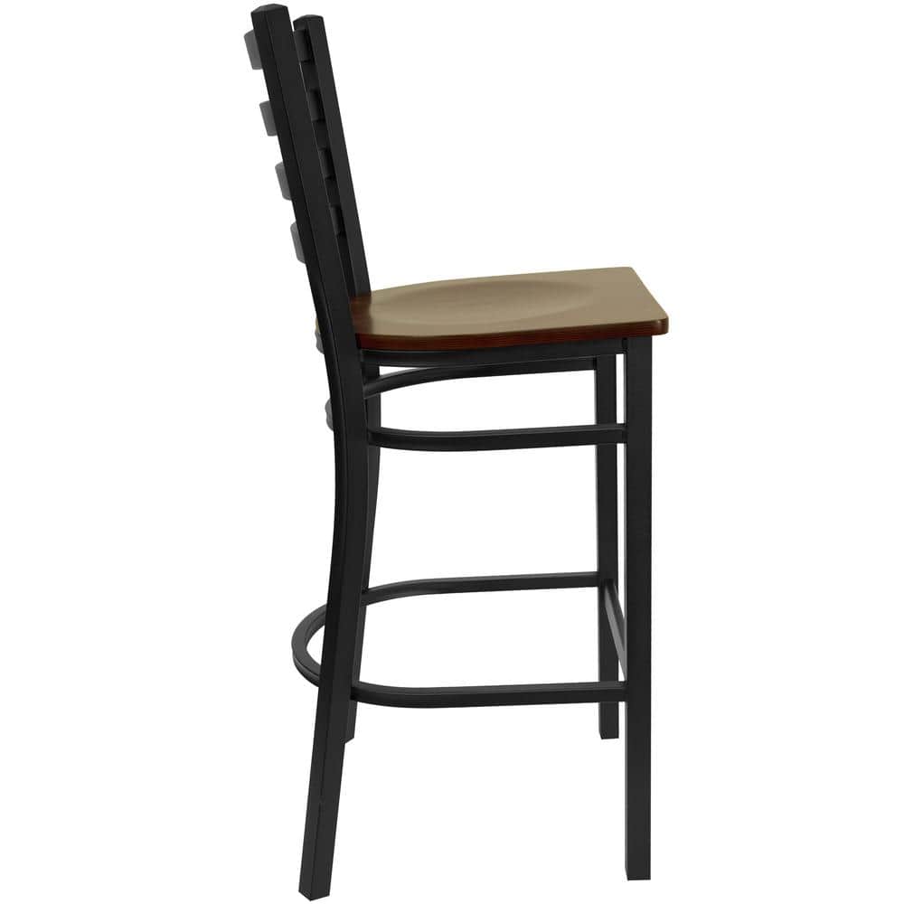 Elegant Black Metal Ladder Back Barstool with Mahogany Wood Seat