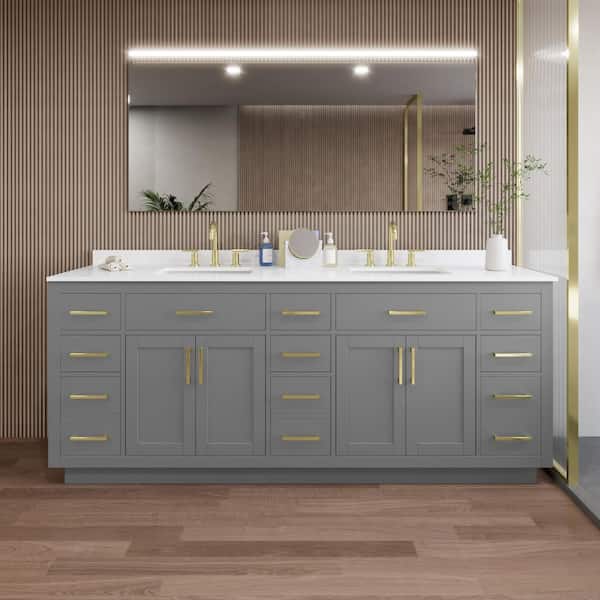 Wyndham Collection Beckett TK 84 in. W x 22 in. D x 35 in. H Double Sink Bath Vanity in Dark Gray with Brushed Gold Trim White Quartz Top