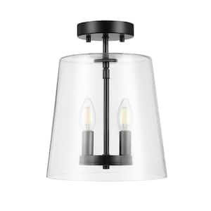 10 In. 2-Light Matte Black Contemporary Semi-Flush Mount with Clear Glass Shade and No Bulbs Included